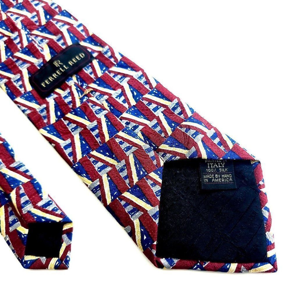 Ferrell Reed Italy Red Blue Geometric Abstract Print Wide Silk Tie - Picture 5 of 6